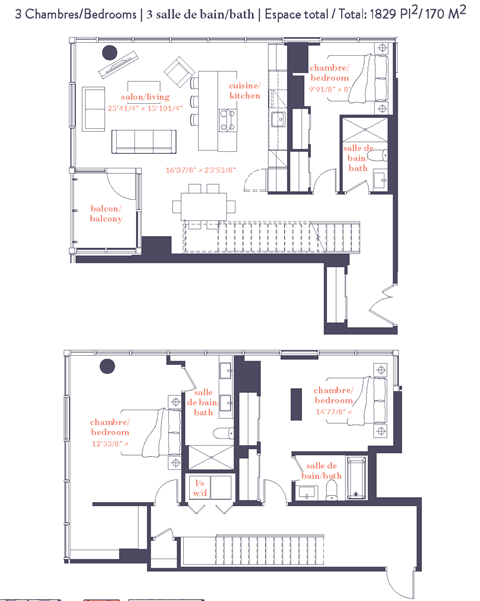 A floor plan of a house with 3 bedrooms, 3 bathrooms, and a total space of 1829 square feet.